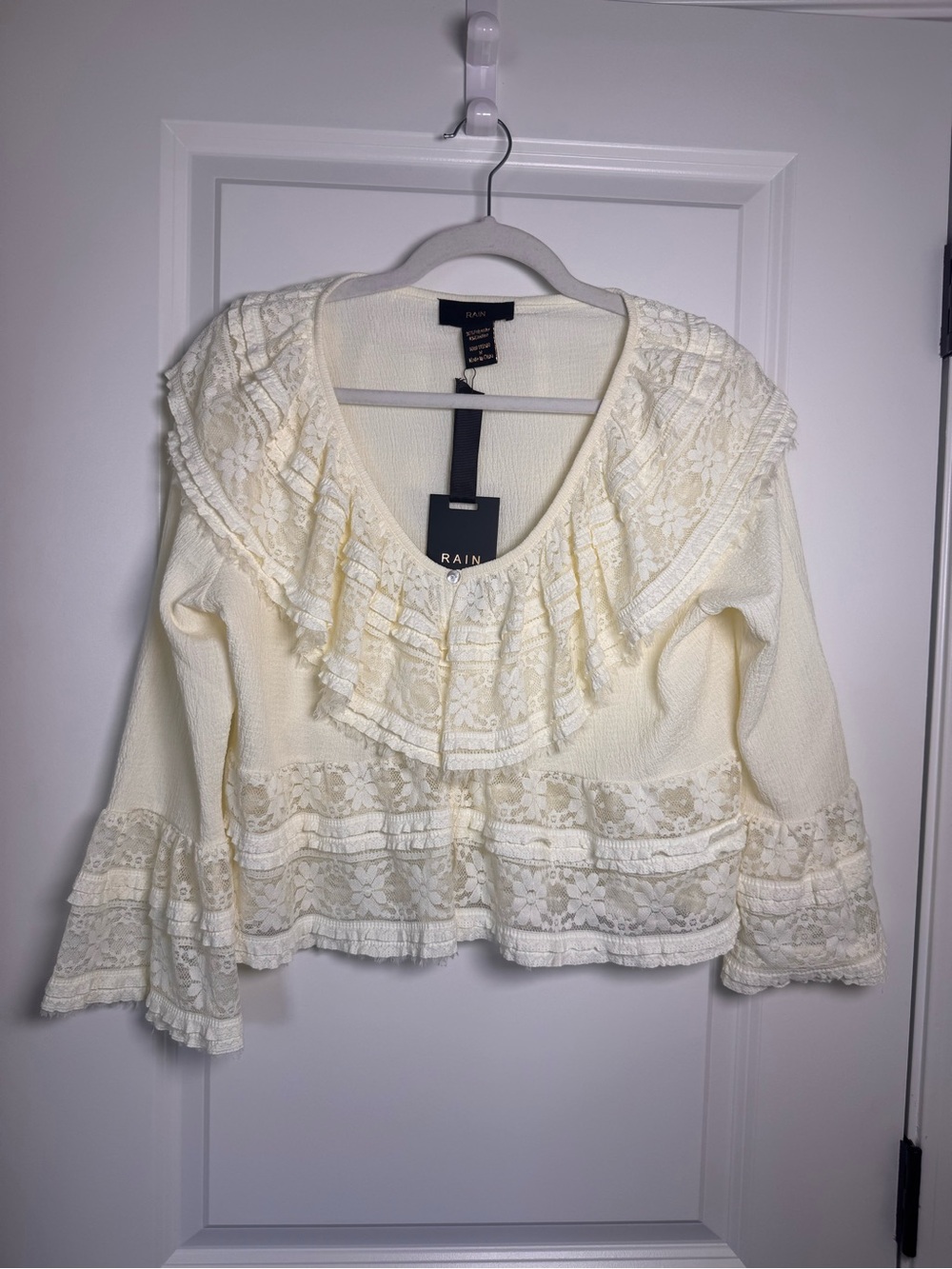 Rain and Rose Cream Lace-Trim Ruffle Blouse Size M